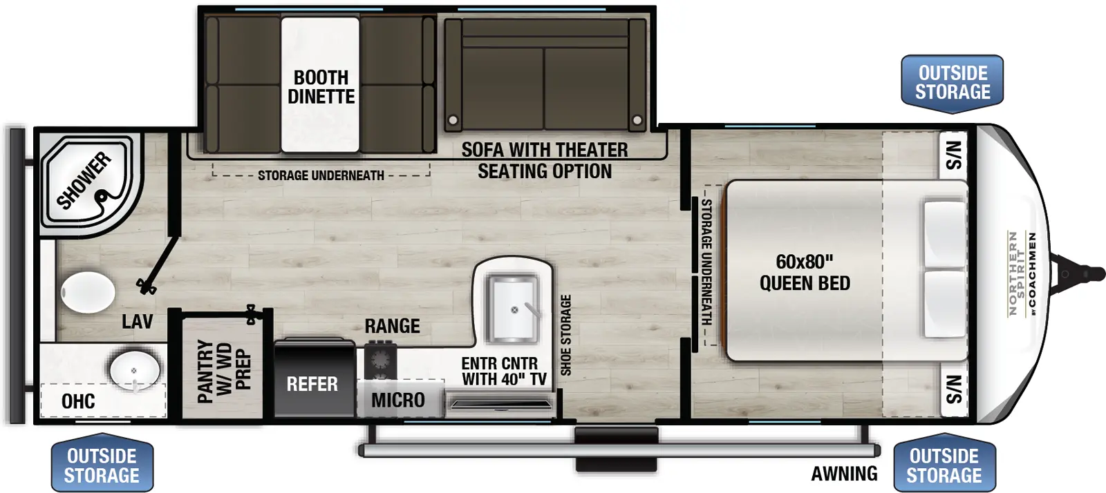 The Northern Spirit SE 24RB floorplan has one entry and one slide out. Exterior features include: fiberglass exterior and 14' awning. Interiors features include: front bedroom and rear bathroom.